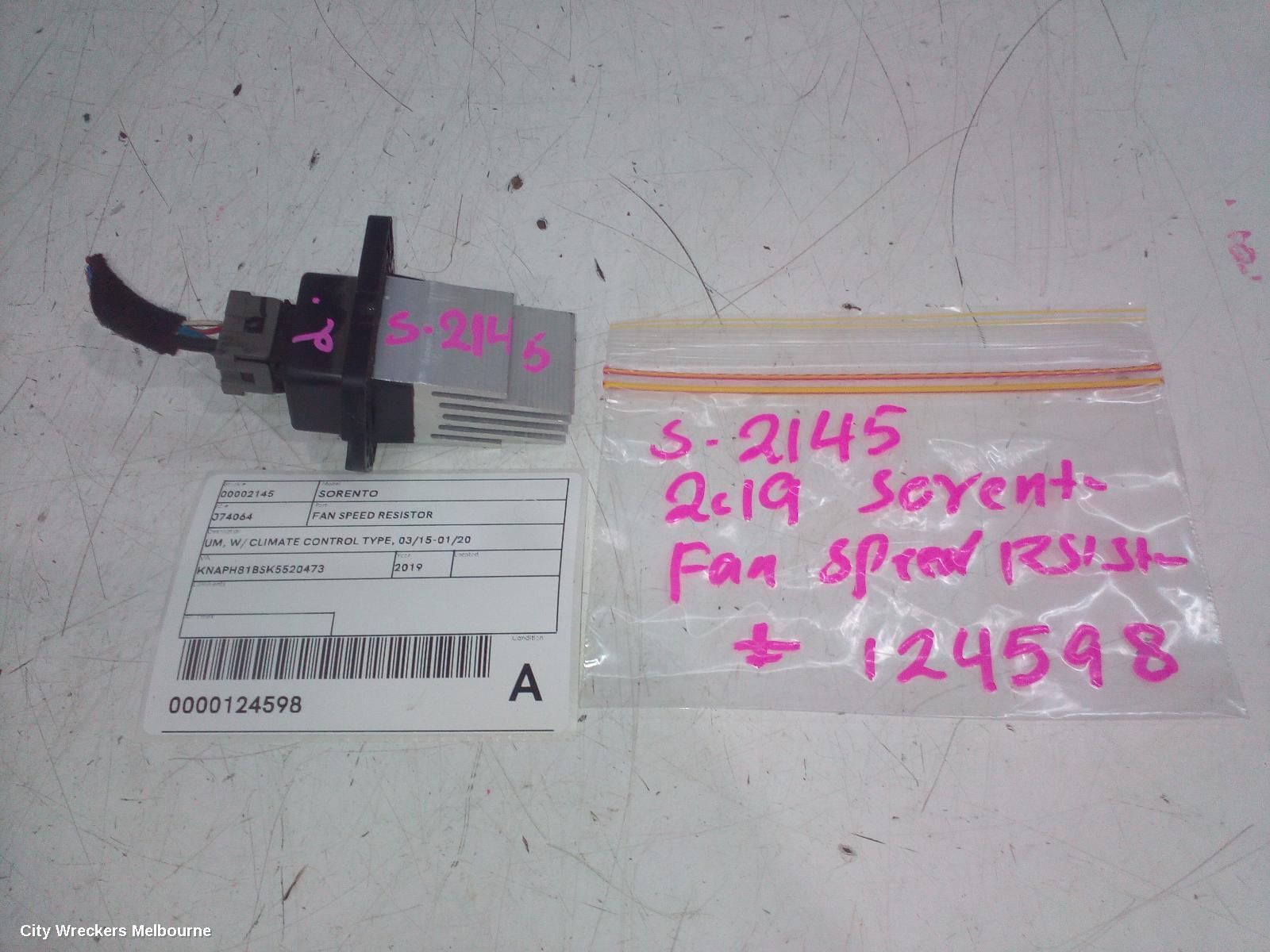 KIA SORENTO 2019 Fan Speed Resistor